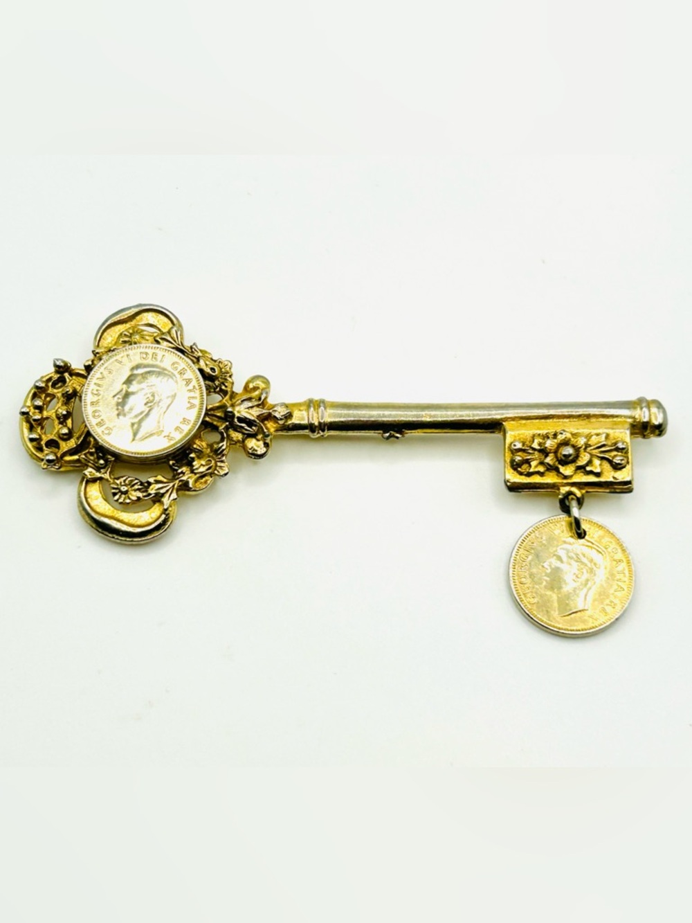 Vintage Coro Signed Goldtone Skeleton Key Dangle Royal Coin Brooch Pin